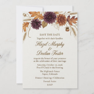 Invitación Dalia de Otoño, Hoja de Roble y Acuarela de Trigo