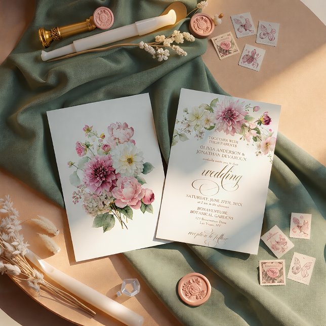 Invitación Dalias rosadas flores silvestres boda texto dorado (Subido por el creador)