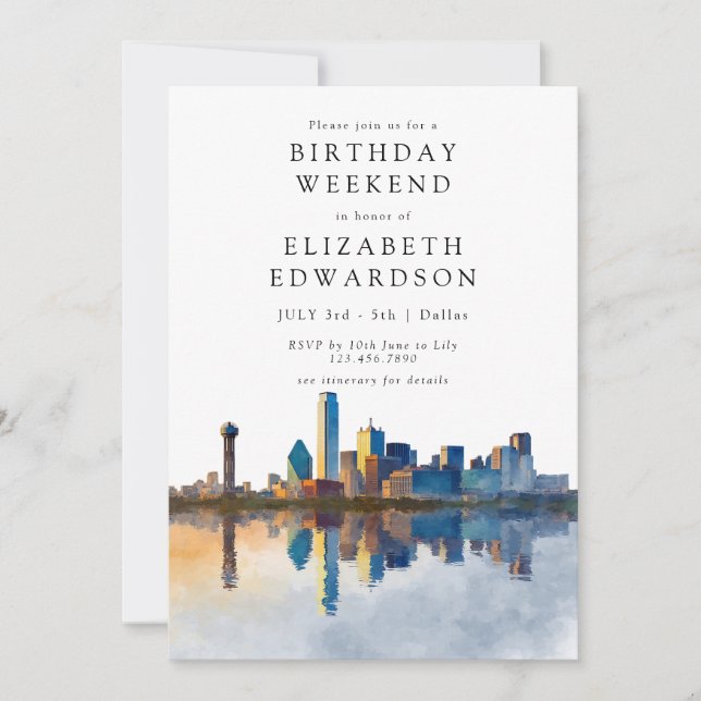 Invitación Dallas Skyline Watercolor Birthday Weekend (Anverso)