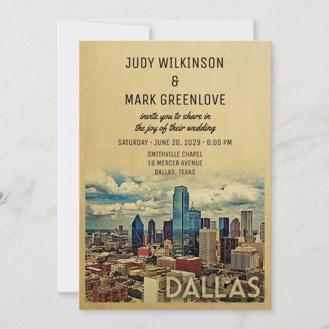 Invitación Dallas Texas Wedding Invitation Vintage Skyline (Anverso)