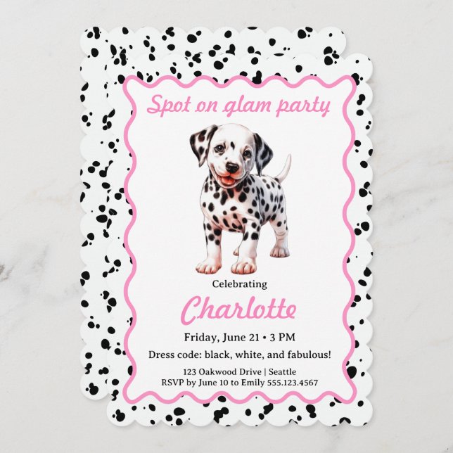 Invitación Dalmatian Print Birthday | Black and White party (Anverso / Reverso)