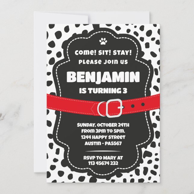 Invitación Dalmatian Spots Black Invitation for Birthday (Anverso)