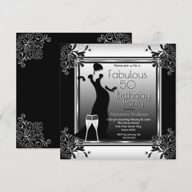 Invitación Dama Art Deco Cumpleaños Fiesta Champán Blanco Neg (Anverso / Reverso)