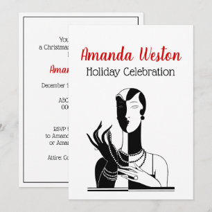 Invitación Dama Art Déco de Navidad con Perlas Negro Transp