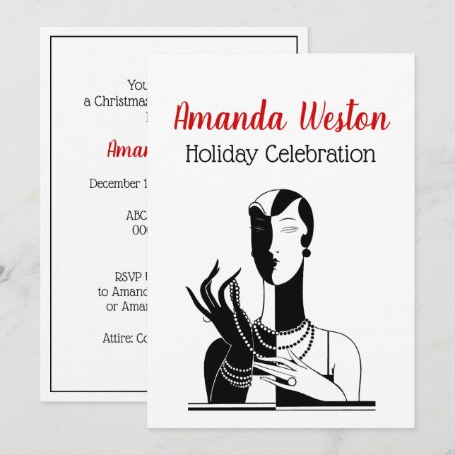 Invitación Dama Art Déco de Navidad con Perlas Negro Transp (Anverso / Reverso)