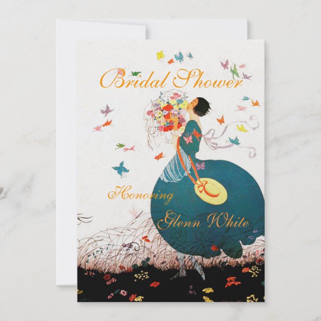 INVITACIÓN DAMA CON BOUQUET DE FLORES Y MONOGRAMA DE MARIPOS (Anverso)