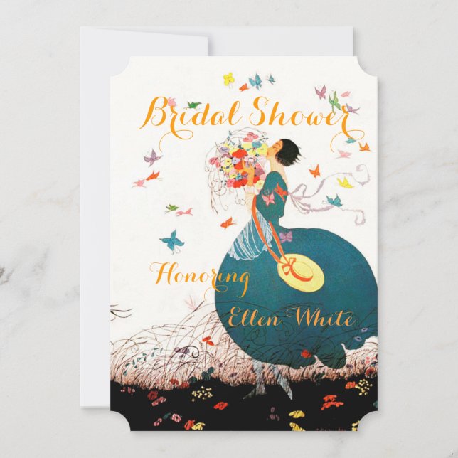 INVITACIÓN DAMA CON BOUQUET DE FLORES Y MONOGRAMA DE MARIPOS (Anverso)