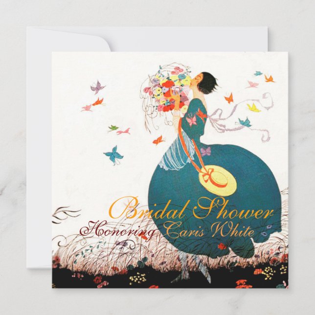 INVITACIÓN DAMA CON BOUQUET DE FLORES Y MONOGRAMA DE MARIPOS (Anverso)