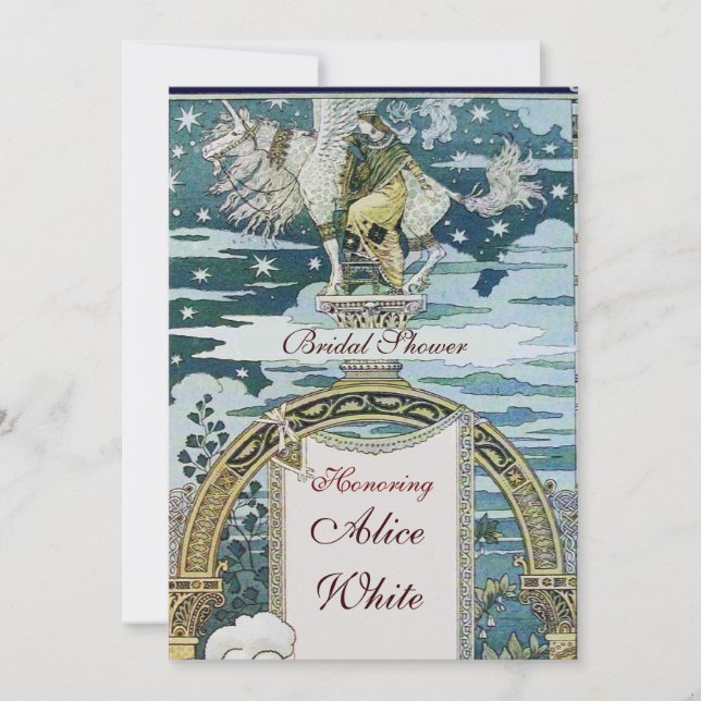 Invitación DAMA CON DUCHA BRIDAL UNICORN FIESTA Blanco Azul (Anverso)