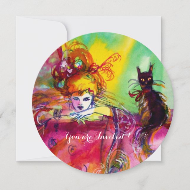 Invitación DAMA CON GATO NEGRO / Fiesta de Mardi Gras con más (Anverso)