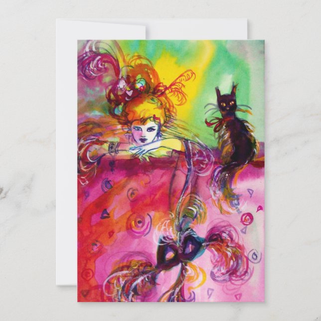 Invitación DAMA CON GATO NEGRO/Fiesta de Mascarada Mardi Gras (Anverso)