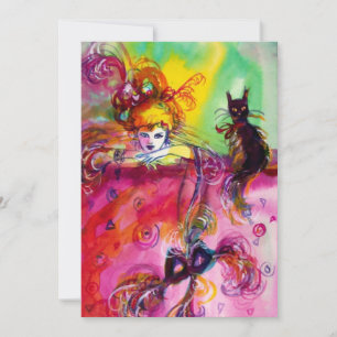 Invitación DAMA CON GATO NEGRO/Fiesta de Mascarada Mardi Gras