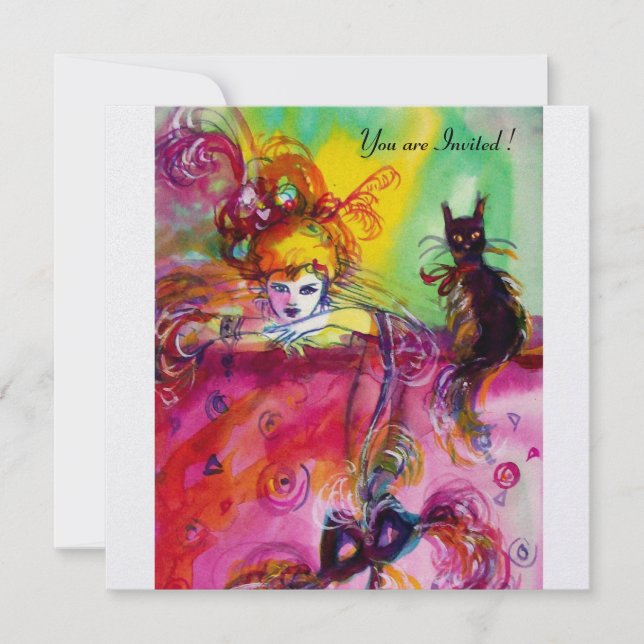 Invitación DAMA CON GATO NEGRO/Fiesta de Mascarada Mardi Gras (Anverso)