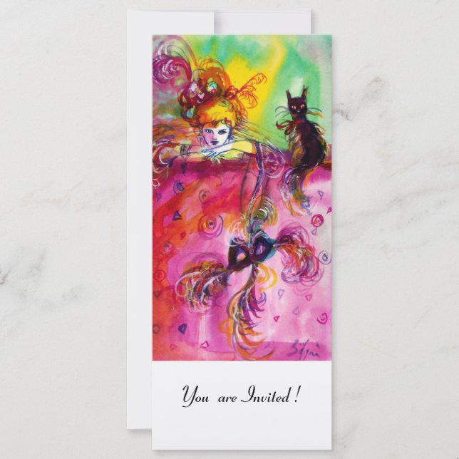 Invitación DAMA CON GATO NEGRO/Fiesta de Mascarada Mardi Gras (Anverso)