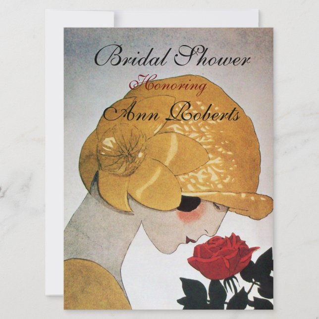 INVITACIÓN DAMA CON ROSA ROJA MONOGRAMA BRIDAL FIESTA DE DUCH (Anverso)