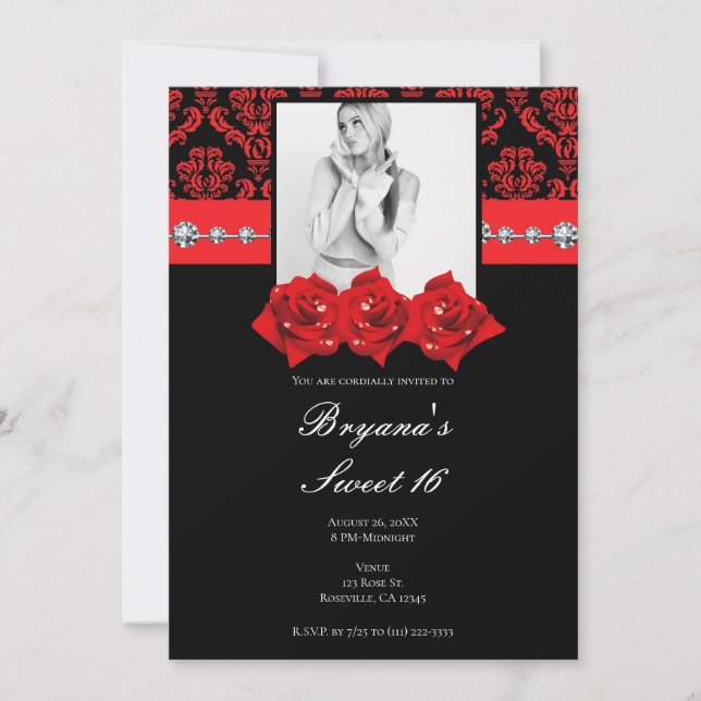 Invitación Dama de damasco de rosas rojas negras 16 Invitació (Anverso)