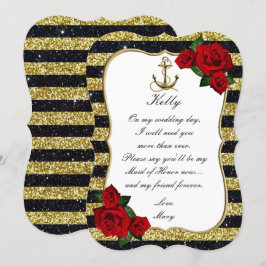 Invitación Dama de Honor Ancla Náutica Dorado y Rayas Negras