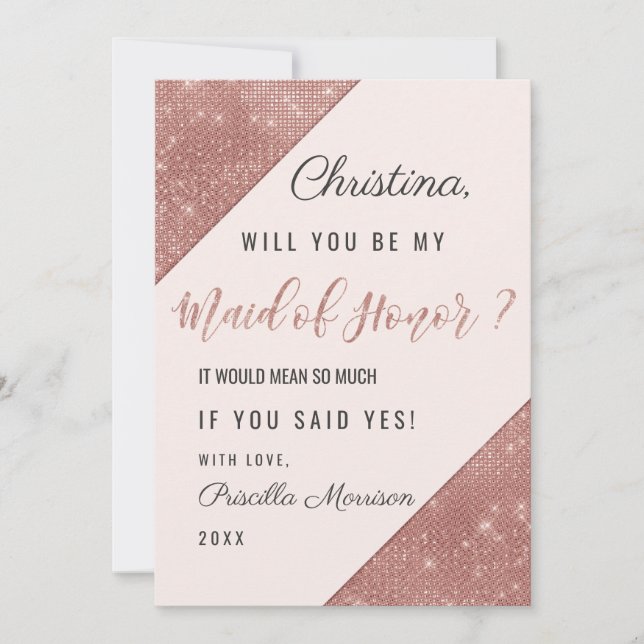 Invitación Dama de Honor con Secuencia de Brillo Dorado Rosad (Anverso)