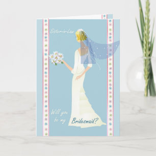 Invitación Dama de honor cuñada, vestido blanco sobre azul