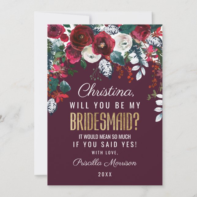 Invitación Dama de honor de marfil roja del arreglo floral de (Anverso)