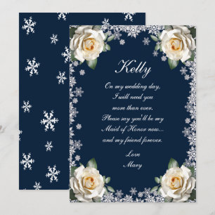 Invitación Dama de Honor de Navidad Rosas Blancas Copo de Nie