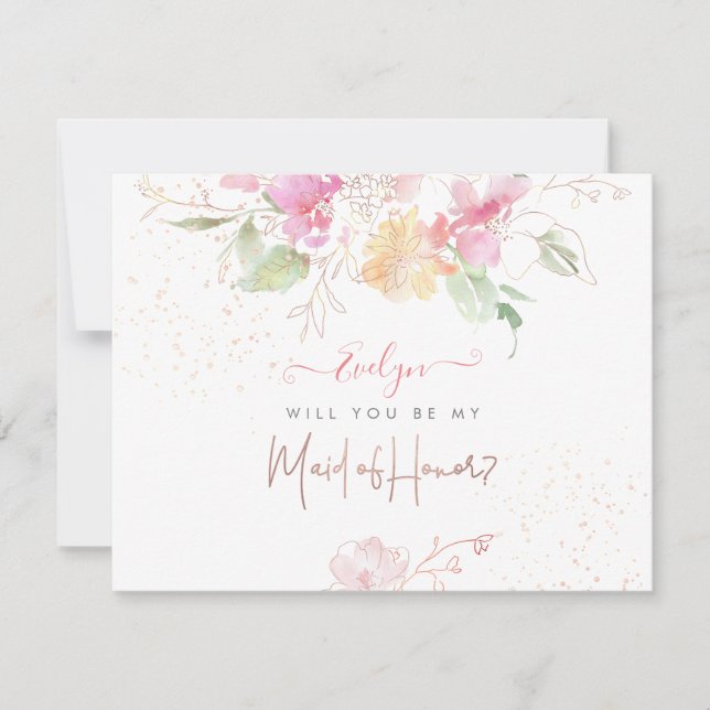 Invitación Dama de honor de romance sonrosado acuarela (Anverso)
