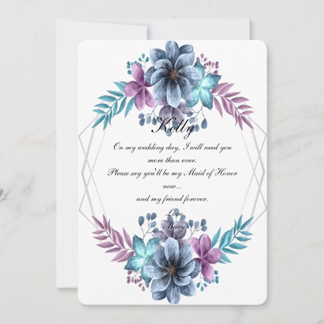 Invitación Dama de honor floral acuarela azul y morado (Anverso)