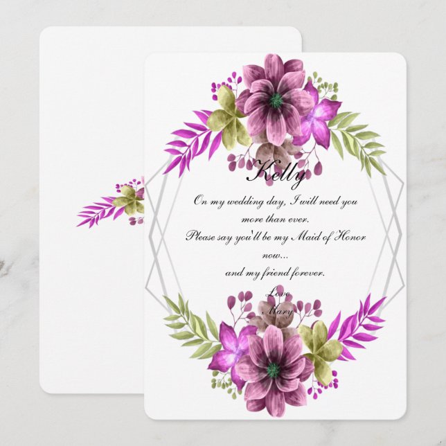 Invitación Dama de Honor Floral Acuarela Rosa y Verde (Anverso / Reverso)