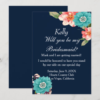 Invitación Dama de honor floral botánica azul y rosa romántic