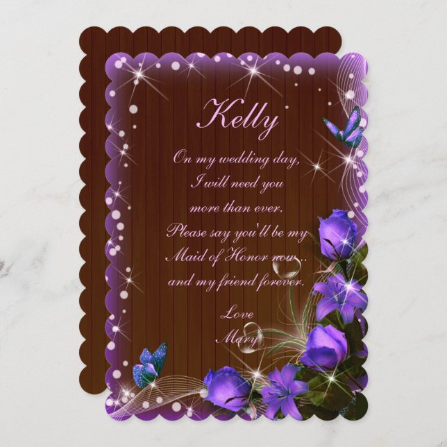 Invitación Dama de Honor Floral Púrpura de Madera Oscura Rúst (Anverso / Reverso)