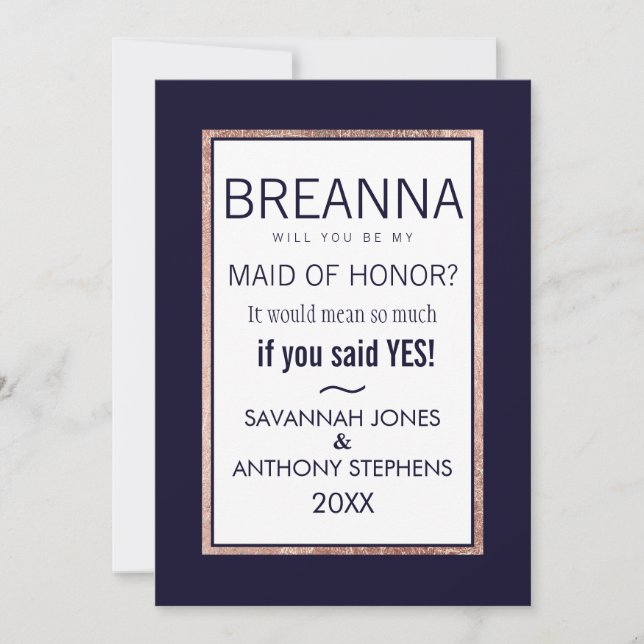 Invitación Dama de Honor Simple de Navy con Línea de Oro Rosa (Anverso)