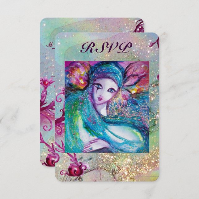 Invitación DAMA DE LA MÁSCARA AZUL Boda Veneciana Fiesta de M (Anverso / Reverso)