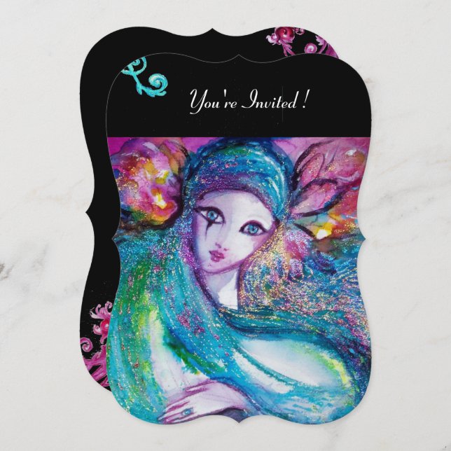 Invitación DAMA DE LA MÁSCARA AZUL Fiesta de disfraces, Flora (Anverso / Reverso)