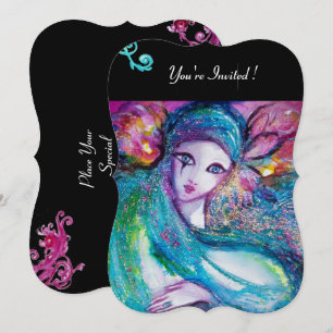 Invitación DAMA DE LA MÁSCARA AZUL Fiesta de disfraces, Flora