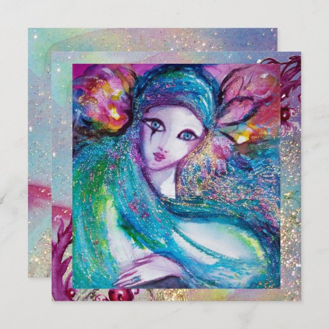 Invitación DAMA DE LA MÁSCARA AZUL Fiesta de disfraces veneci (Anverso / Reverso)