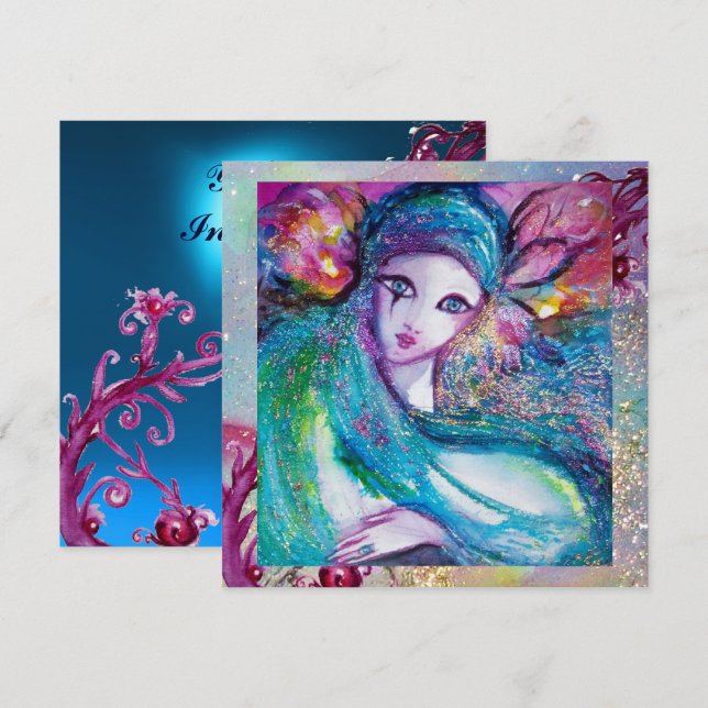 Invitación DAMA DE MÁSCARA AZUL Fiesta de Mascarada Elegante, (Anverso / Reverso)