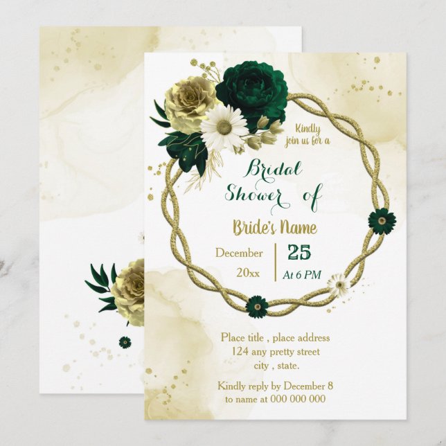 Invitación Dama de novia de oro de marfil verde esmeralda (Anverso / Reverso)