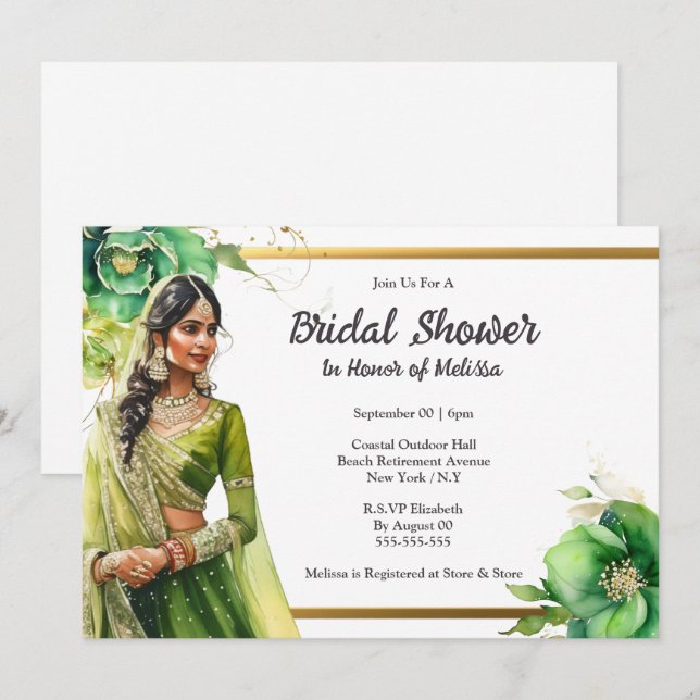 Invitación Dama de novia dorada verde de la novia india (Anverso / Reverso)
