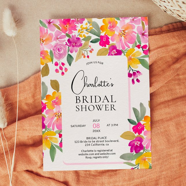 Invitación Dama de novia floral brillante en el jardín (Garden bright floral hand painted watercolor bridal shower invitation)