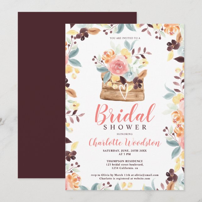 Invitación Dama de novios de boho floral de madera ruidosa (Anverso / Reverso)