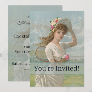 Invitación Dama de tenis victoriana con sombrero floreado ant