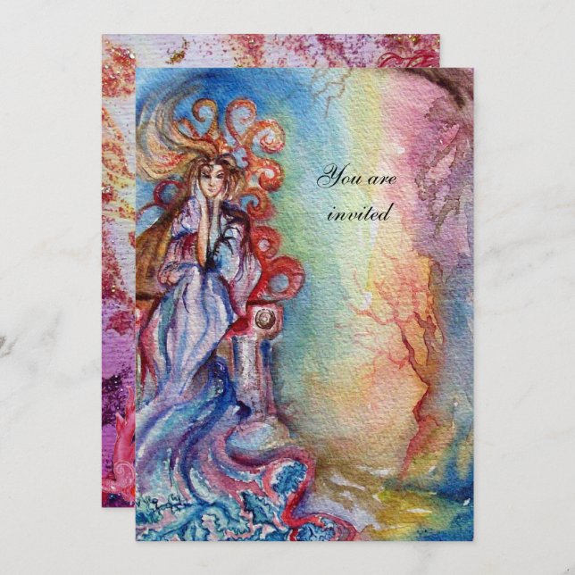 Invitación DAMA DEL LAGO 1, vibrante azul rosa brillante (Anverso / Reverso)