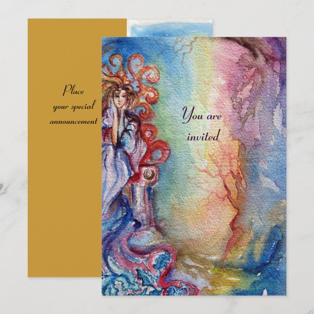 Invitación DAMA DEL LAGO, vibrante azul brillante rosa amaril (Anverso / Reverso)