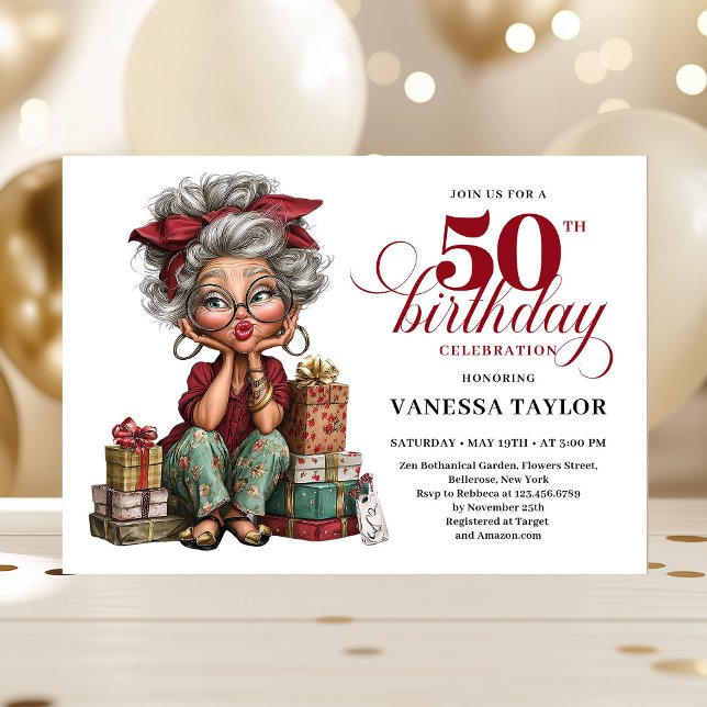 Invitación Dama Divertida Encantadora Cumpleaños 50 Humor Ext (Charming Funny Lady 50th Birthday Quirky Humor Invitation)