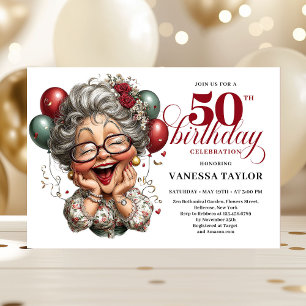 Invitación Dama Divertida Vintage Fiesta de Cumpleaños 50 Hum