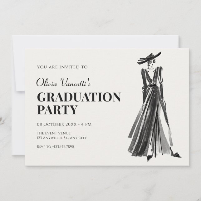 Invitación Dama en elegante graduación de moda (Anverso)