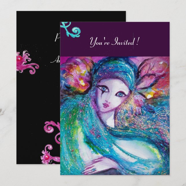 Invitación DAMA MÁSCARA AZUL Fiesta de disfraces, Rosa Azul t (Anverso / Reverso)