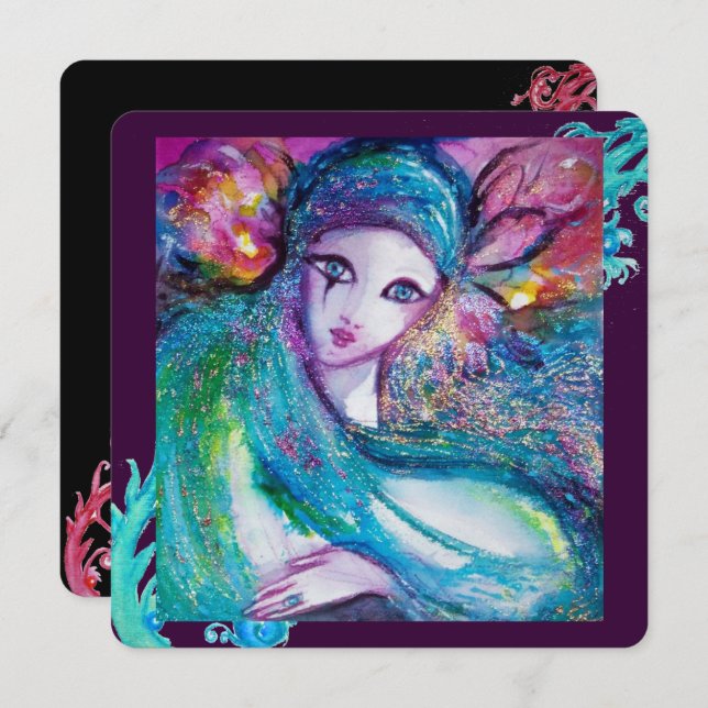 Invitación DAMA MÁSCARA AZUL Fiesta de Mascarada Elegante, Az (Anverso / Reverso)