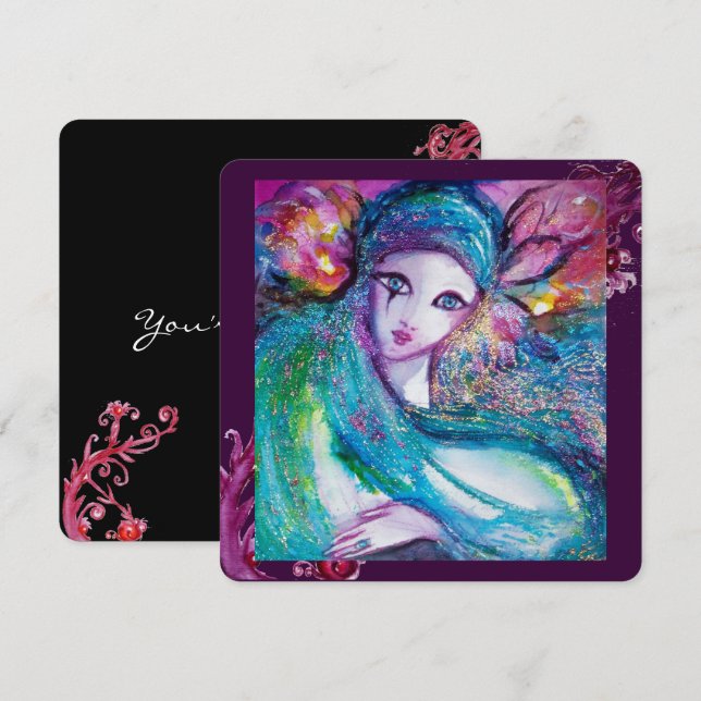 Invitación DAMA MÁSCARA AZUL Fiesta de Mascarada Elegante, Az (Anverso / Reverso)