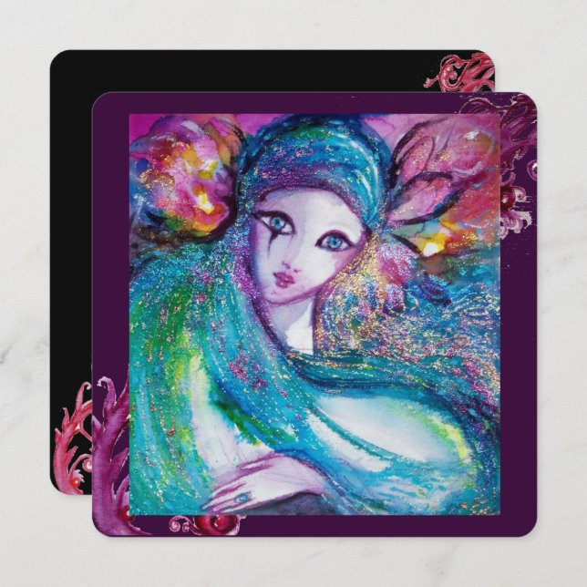 Invitación DAMA MÁSCARA AZUL Fiesta de Máscaras Elegante, Azu (Anverso / Reverso)